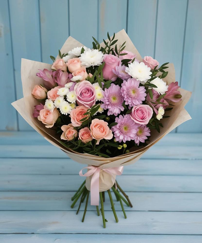 Букет цветов из: Хризантемы, Розы и Альстромерии в Редино