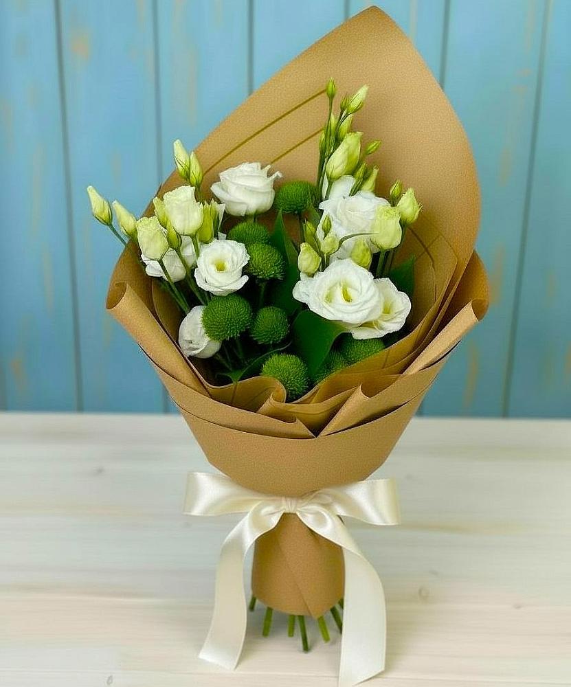 Букет цветов из: Хризантемы и Лизиантусы в Редино