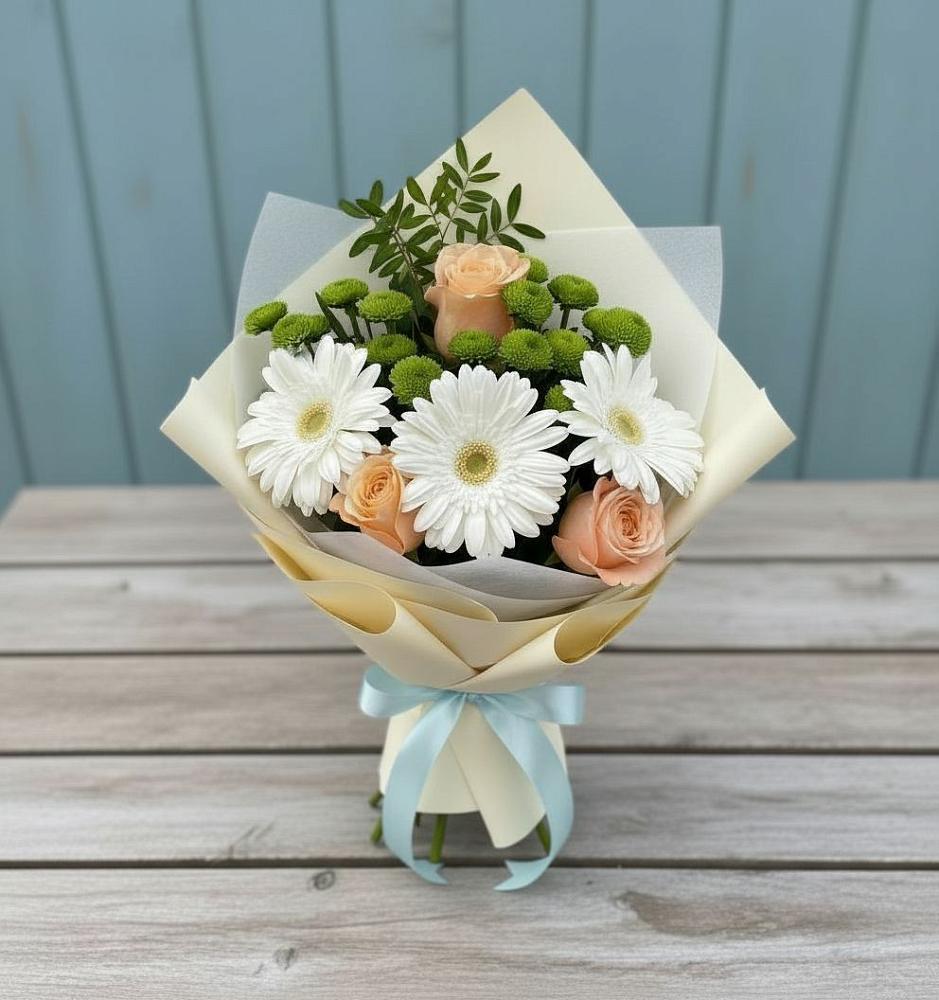 Букет цветов из: Герберы, Розы и Хризантемы в Редино