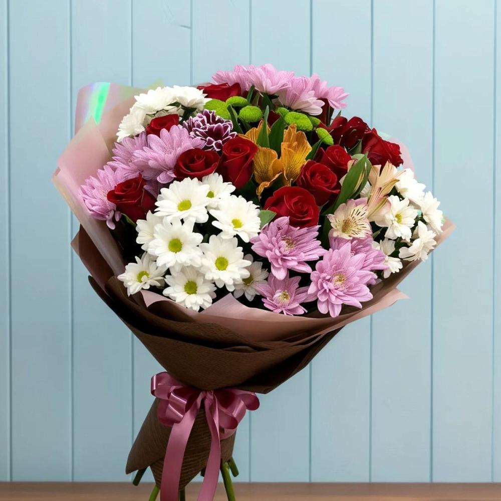 Букет цветов из: Розы, Хризантемы и Альстромерии в Редино