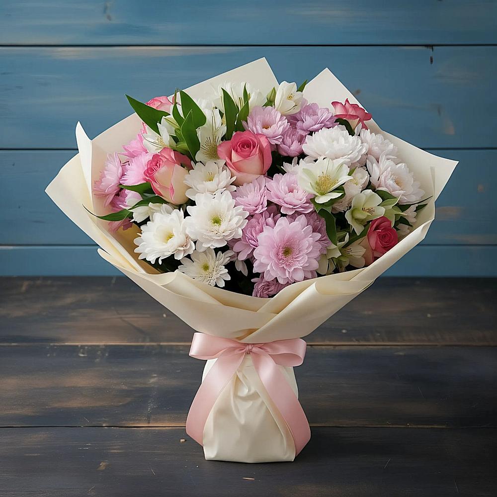 Букет цветов из: Хризантемы, Альстромерии и Розы в Редино